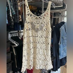 Crochet Tank Top with Embellished Neckline - Cream
